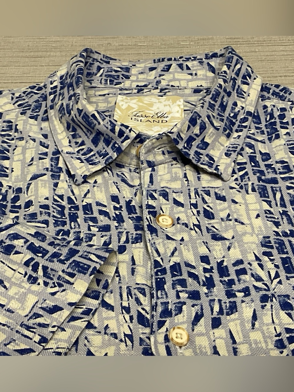 Tasso Elba Island Shirt Men’s 2XL Blue White Silk Linen Hawaiian Short Sleeve